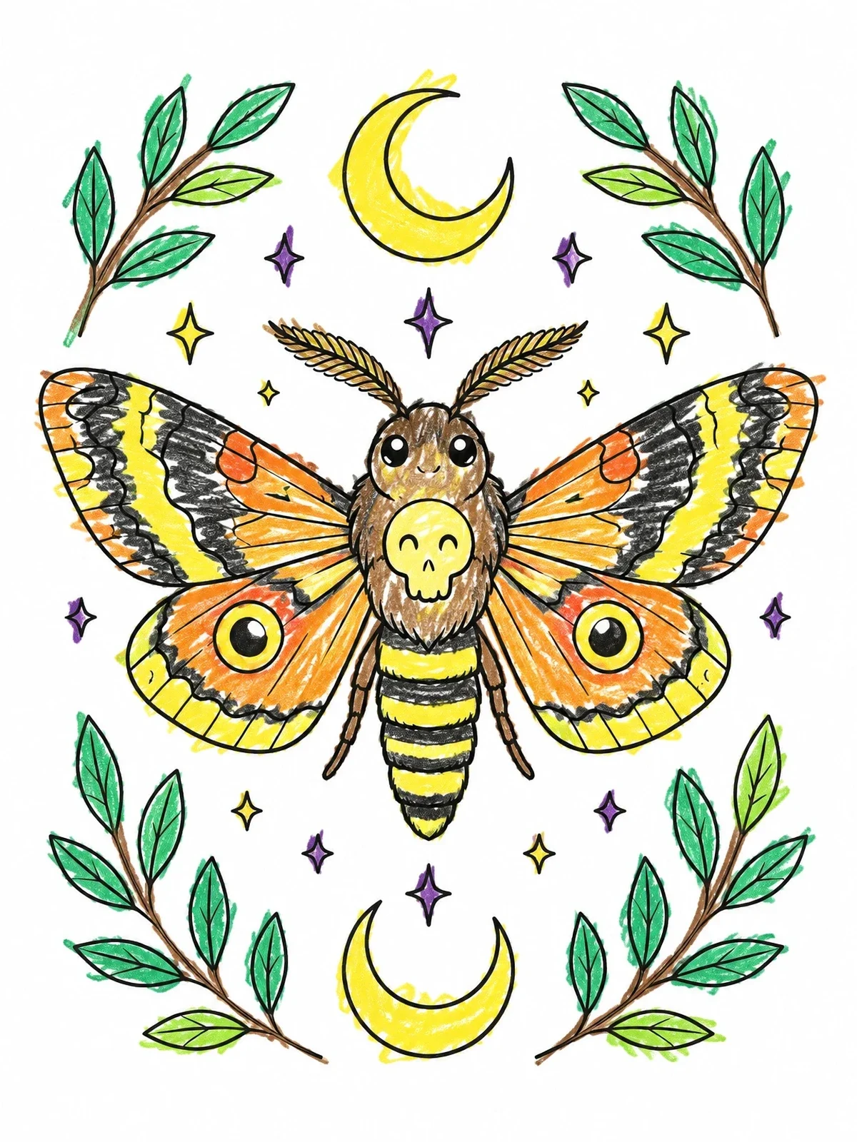 Colored example of the Mystical Deaths Head Hawkmoth coloring page