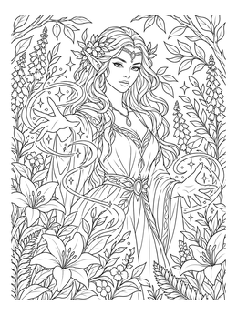 An elf coloring page showing a graceful sorceress weaving magical ribbons of light in an enchanted garden.
