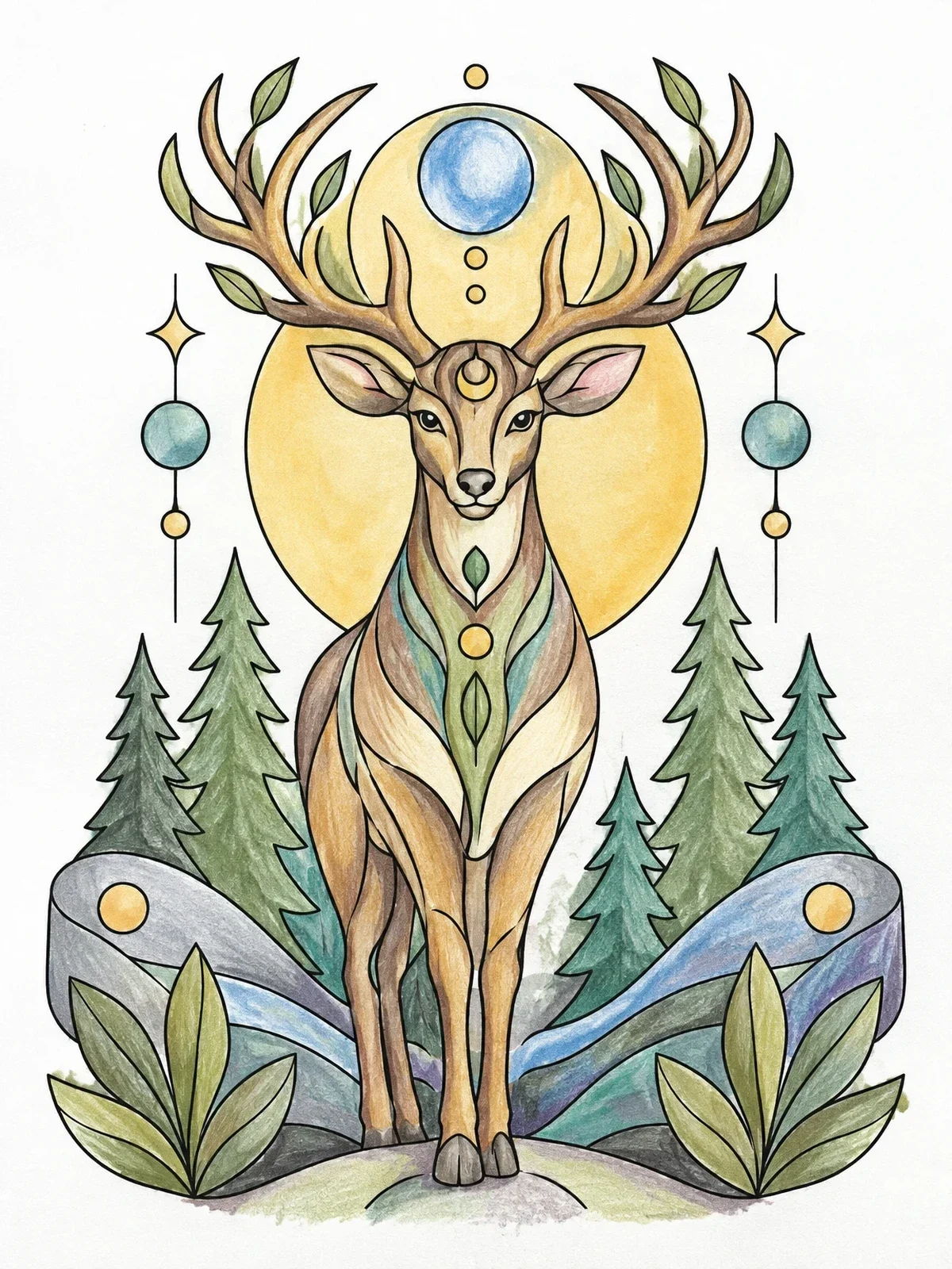 Colored example of the Mystical Forest Spirit Deer coloring page