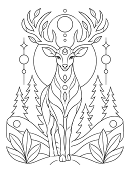Forest spirit coloring page featuring an ornate deer with antlers against pine trees and celestial symbols.