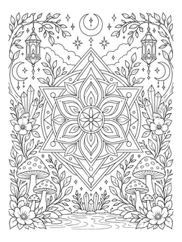 A mystical lotus flower coloring page framed with crystals, mushrooms, and lanterns.