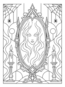 An ornate gothic coloring page featuring an enchanted mirror, spectral face, candles, and cobwebs.
