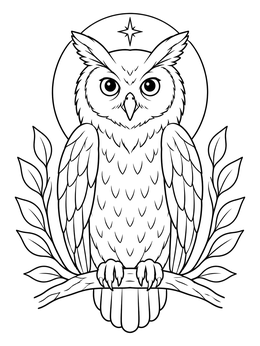 A serene guardian owl perches in this detailed wild spirit coloring page.