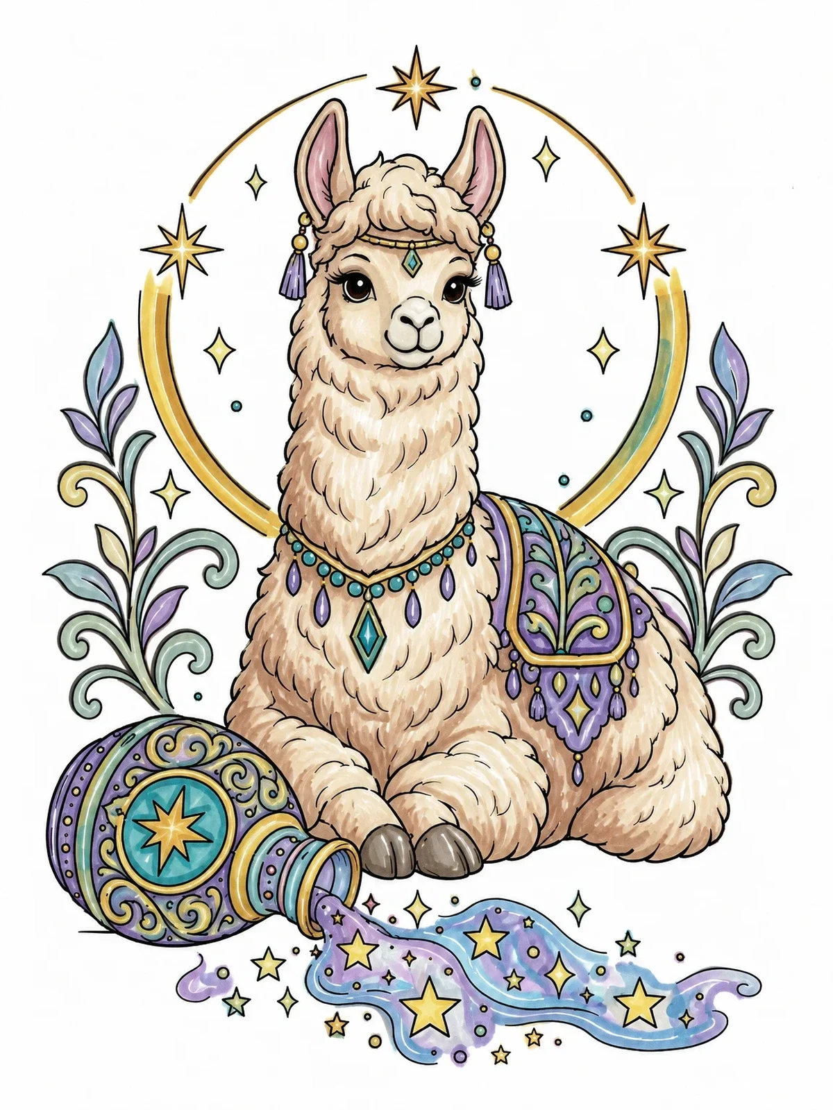 Colored example of the Mystical Llama With Spilled Magic Potion coloring page