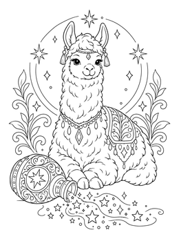 A mystical halloween llama coloring page featuring a crowned llama and a spilled potion jar of stars.