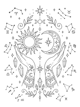 Celestial hands reach toward the cosmos in this sun and moon coloring page with zodiac signs.