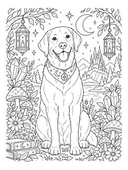 A mystical labrador retriever coloring page surrounded by crystals, lanterns, and a distant castle.