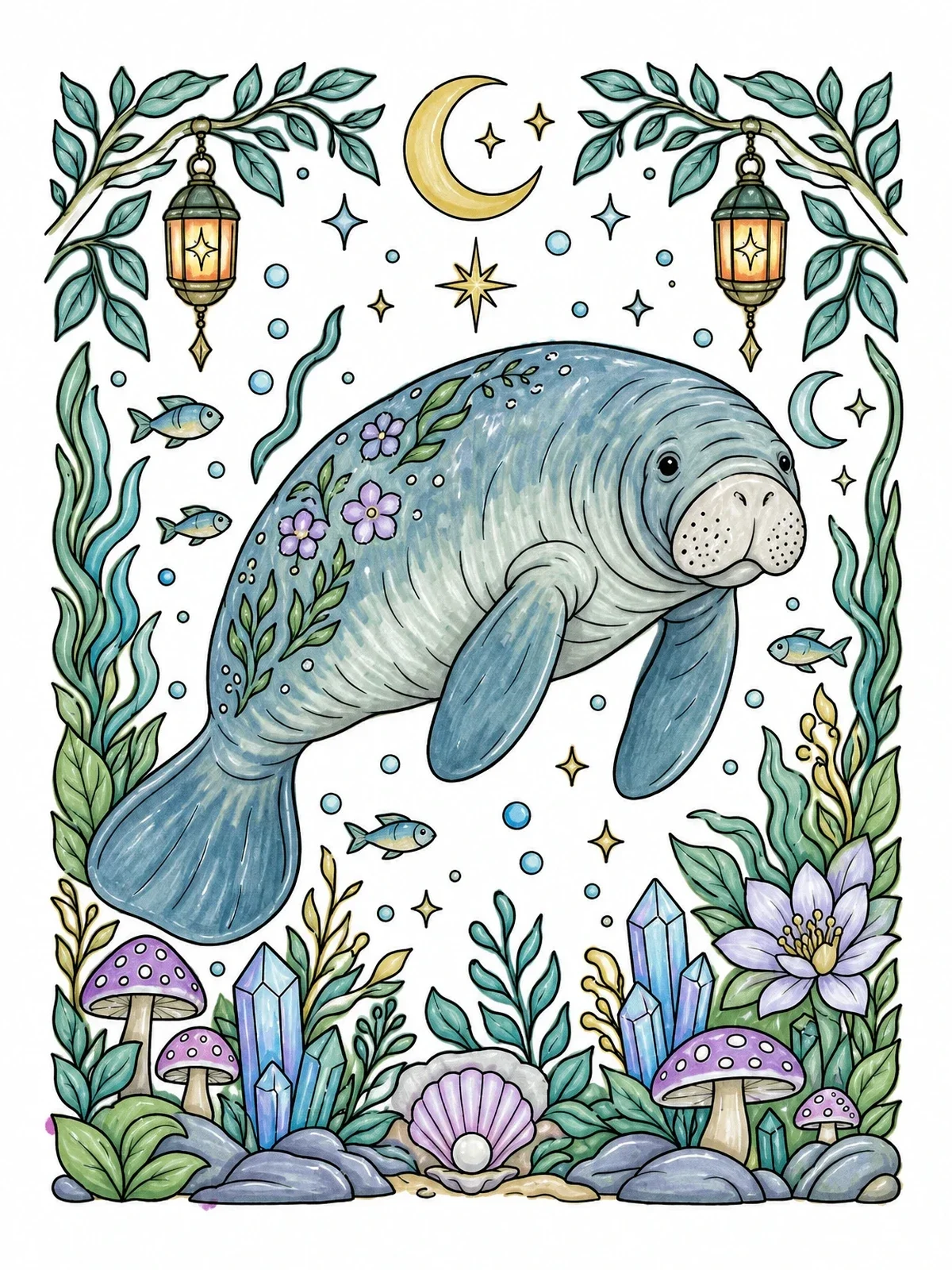 Colored example of the Mystical Manatee Underwater Dreamscape coloring page