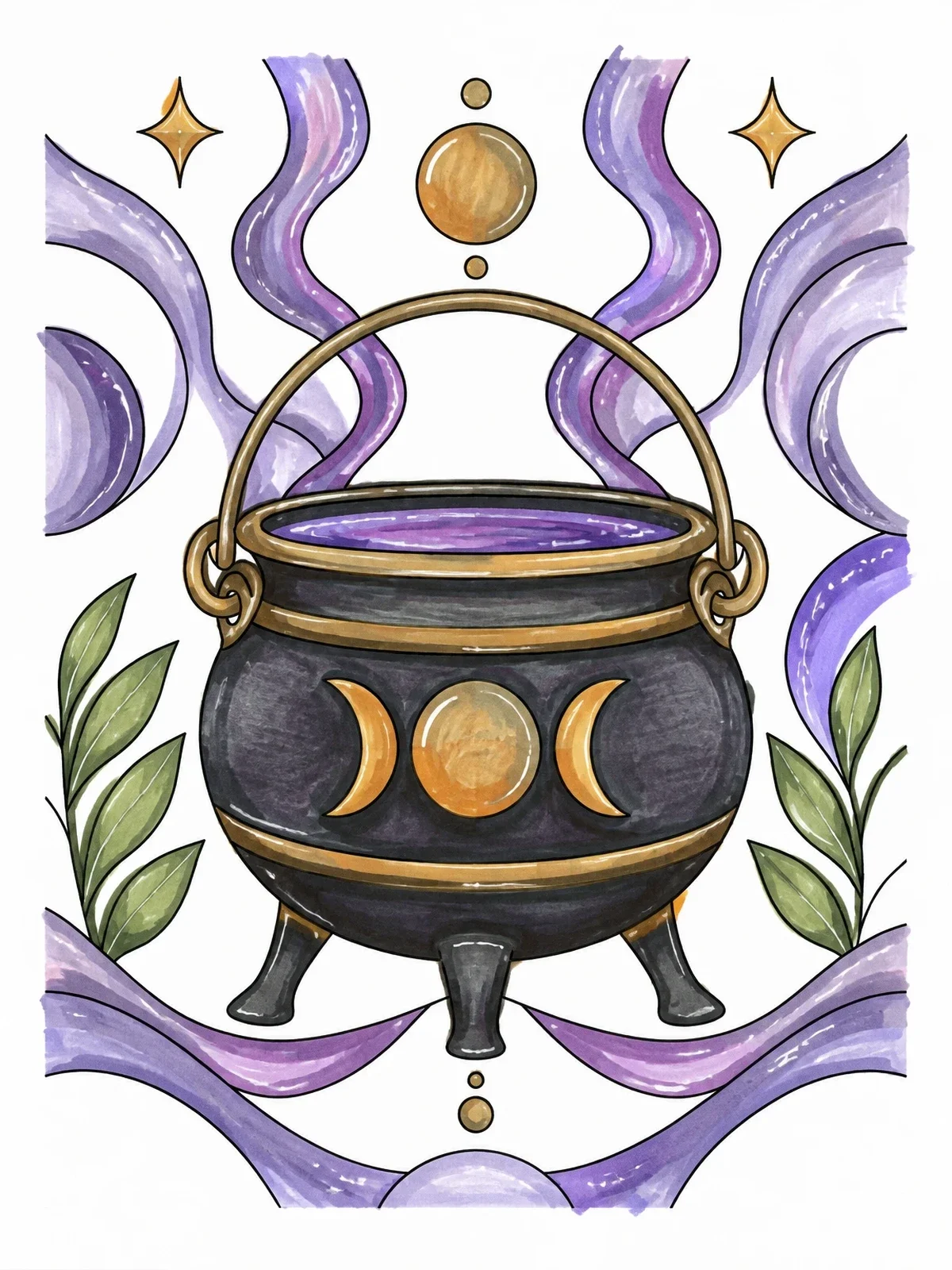 Colored example of the Mystical Moon Cauldron With Smoke coloring page