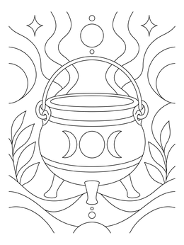 A mystical cauldron coloring page adorned with triple moon symbols and flowing smoke.