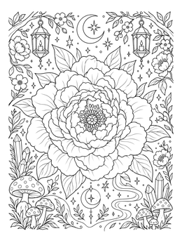 A magical night scene peony coloring page with lanterns, crystals, and mushrooms.