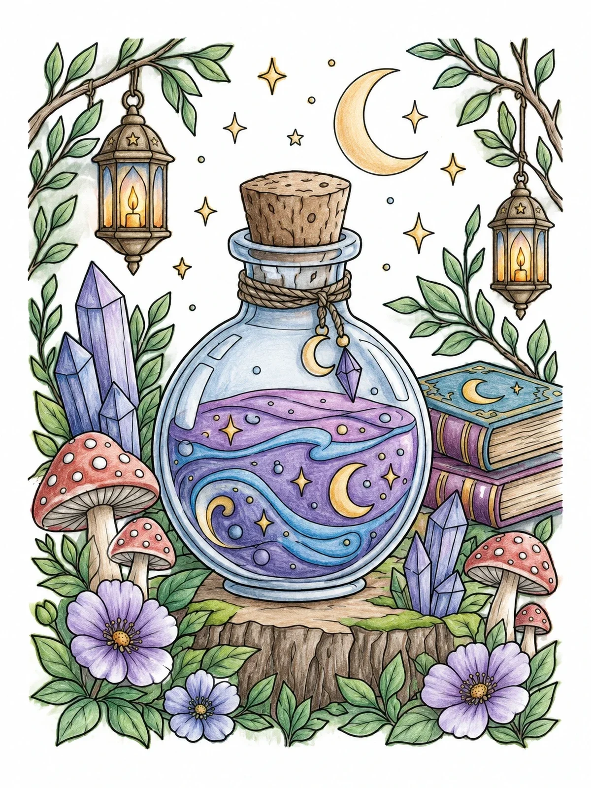 Colored example of the Mystical Potion Flask And Magic Crystals coloring page