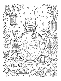 A magical potion bottle coloring page surrounded by glowing lanterns, crystals, and mushrooms under the moon.