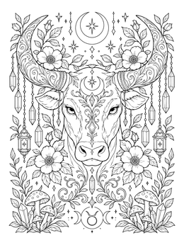 Detailed taurus coloring page featuring an ornate bull surrounded by flowers, crystals, and stars.