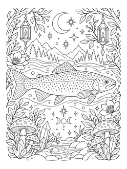 A detailed trout coloring page featuring a mountain stream, lanterns, mushrooms, and a starry night.