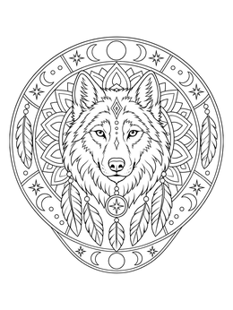 A detailed wolf coloring page framed by celestial mandala patterns, feathers, and moon phases.