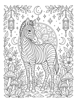 An ornate zebra coloring page surrounded by glowing lanterns, crystals, and night sky motifs.