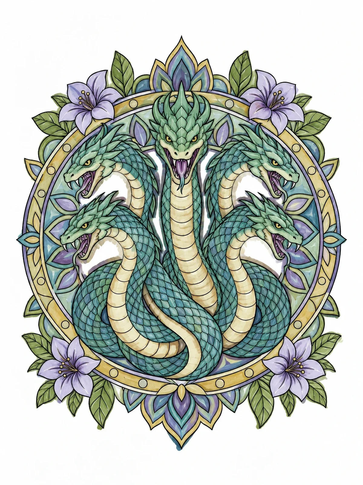 Colored example of the Mythical Hydra Serpent Mandala coloring page