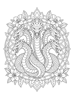 A multi-headed beast framed by flowers on this hydra coloring page.