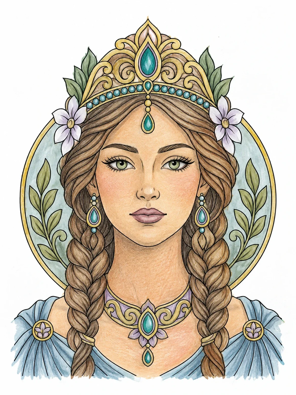 Colored example of the Mythological Goddess With Crown And Braids coloring page