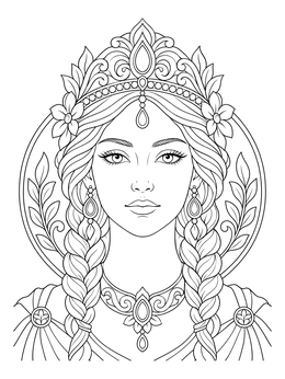 Portrait of a crowned woman on this goddess coloring page.