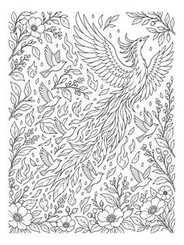 Free printable Ascending Phoenix With Songbirds And Flames coloring page