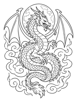 Free printable Coiled Dragon Under The Full Moon coloring page