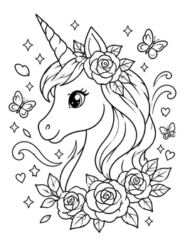 Free printable Cute Unicorn With Roses And Butterflies coloring page