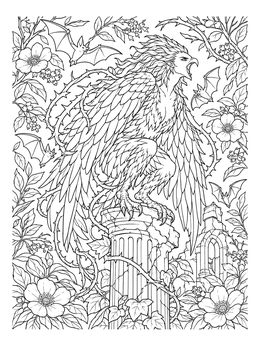 A detailed mythomorphia coloring page showing a screeching harpy surrounded by bats and thorny vines.
