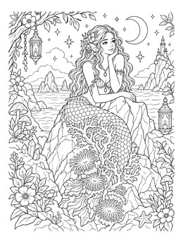 A detailed mythomorphia coloring page showing a mermaid on ocean rocks with a tail morphing into coral.
