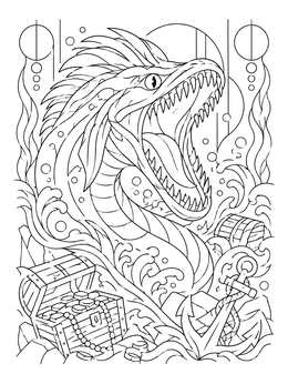A fierce sea serpent roars over treasure chests and an anchor in this mythomorphia coloring page.