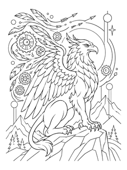 Free printable Steampunk Griffin On Mountain Peak coloring page
