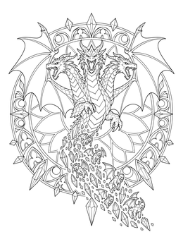 A mythomorphia coloring page showing a three-headed dragon transforming into crystals and tiny gargoyles.