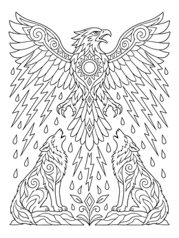 A powerful eagle and wolves in this mythomorphia coloring page surrounded by lightning.