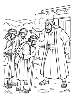 An angry Nabal scolds three messengers in this david nabal and abigail coloring page.