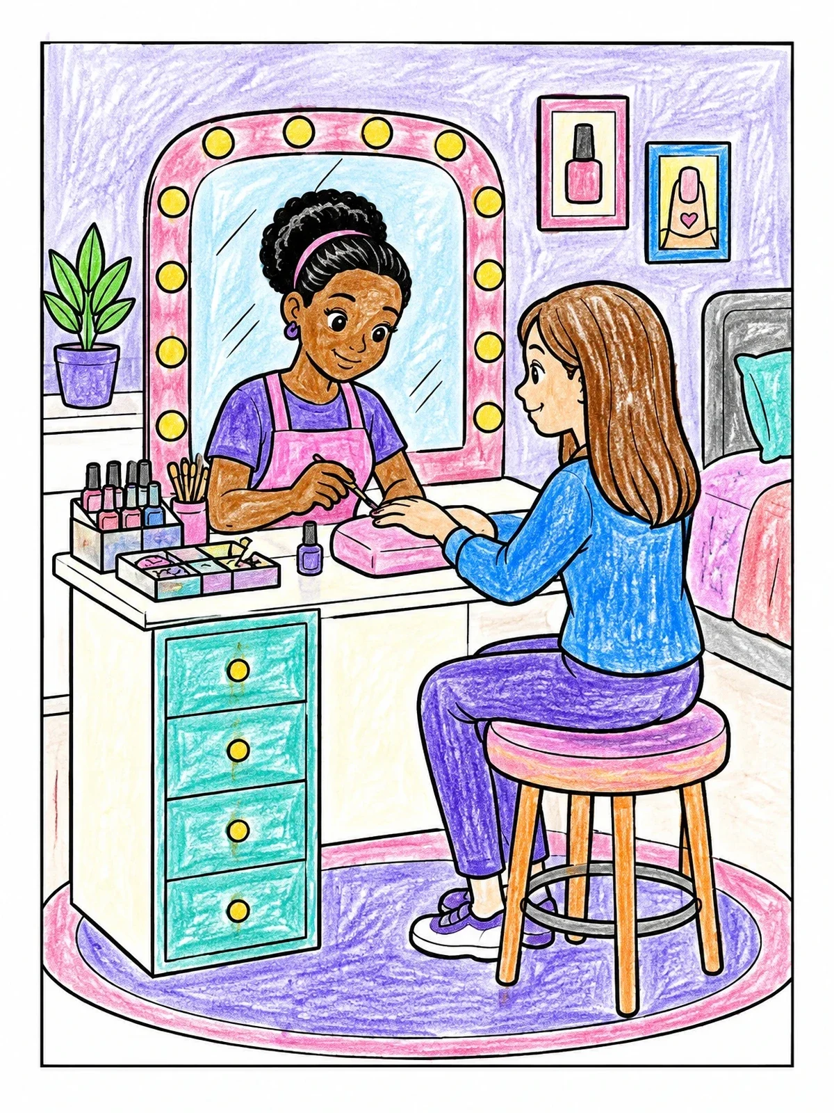 Colored example of the Cozy Bedroom Vanity Manicure Scene coloring page