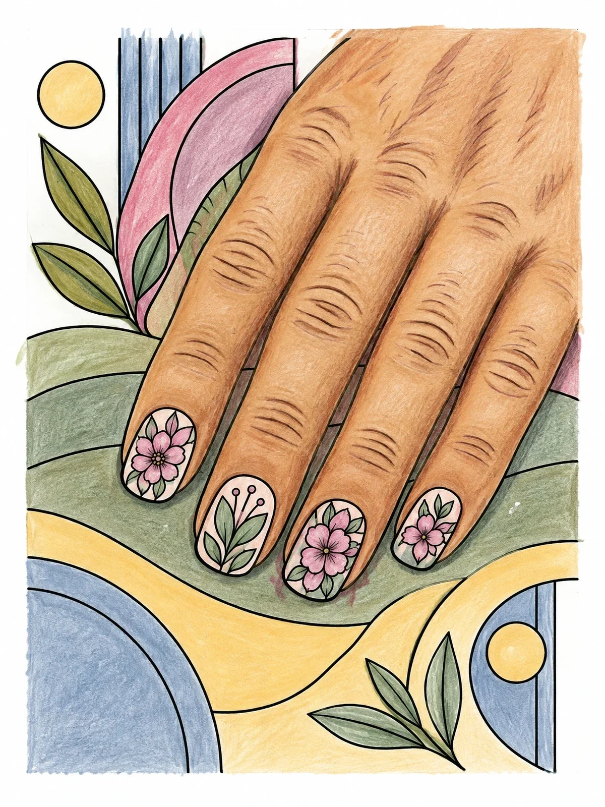 Colored example of the Floral Botanical Manicure Nail Art coloring page