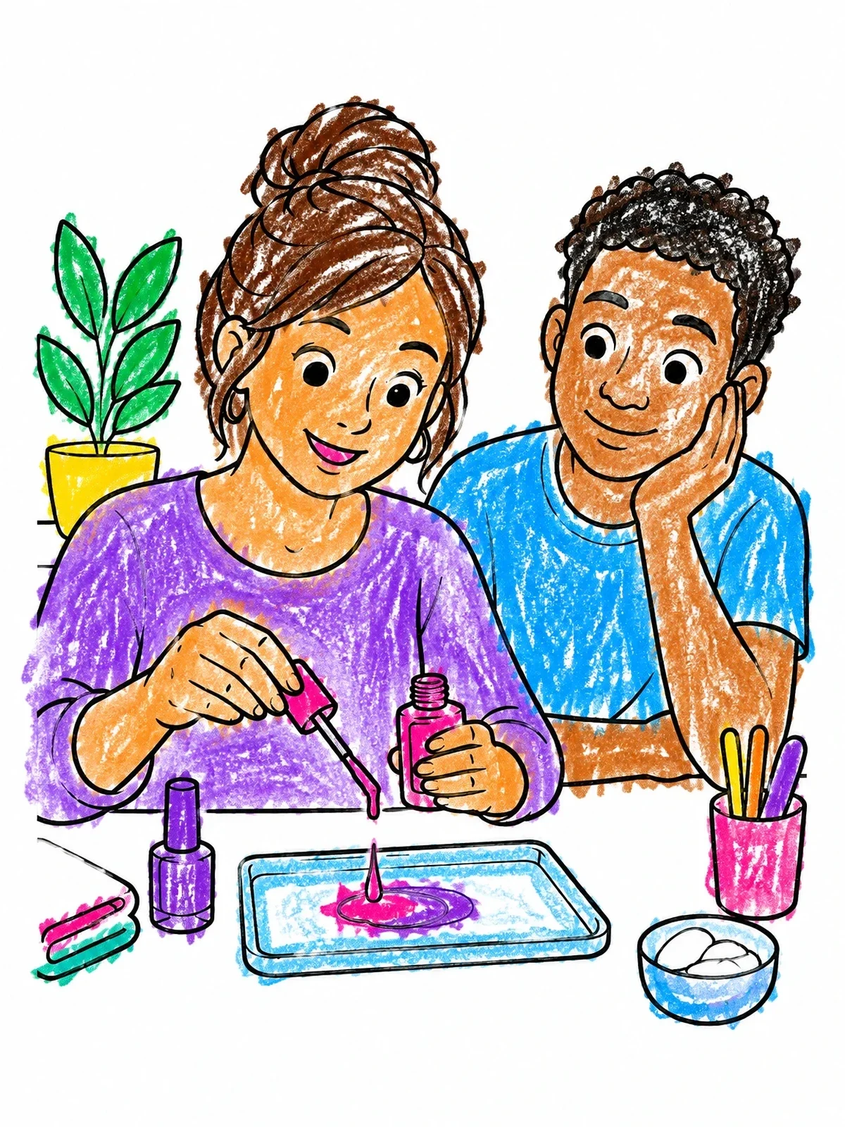 Colored example of the Friends Mixing Nail Polish Colors coloring page