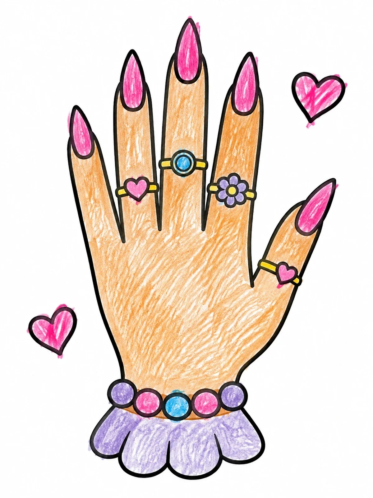 Colored example of the Manicure Hand With Rings And Hearts coloring page
