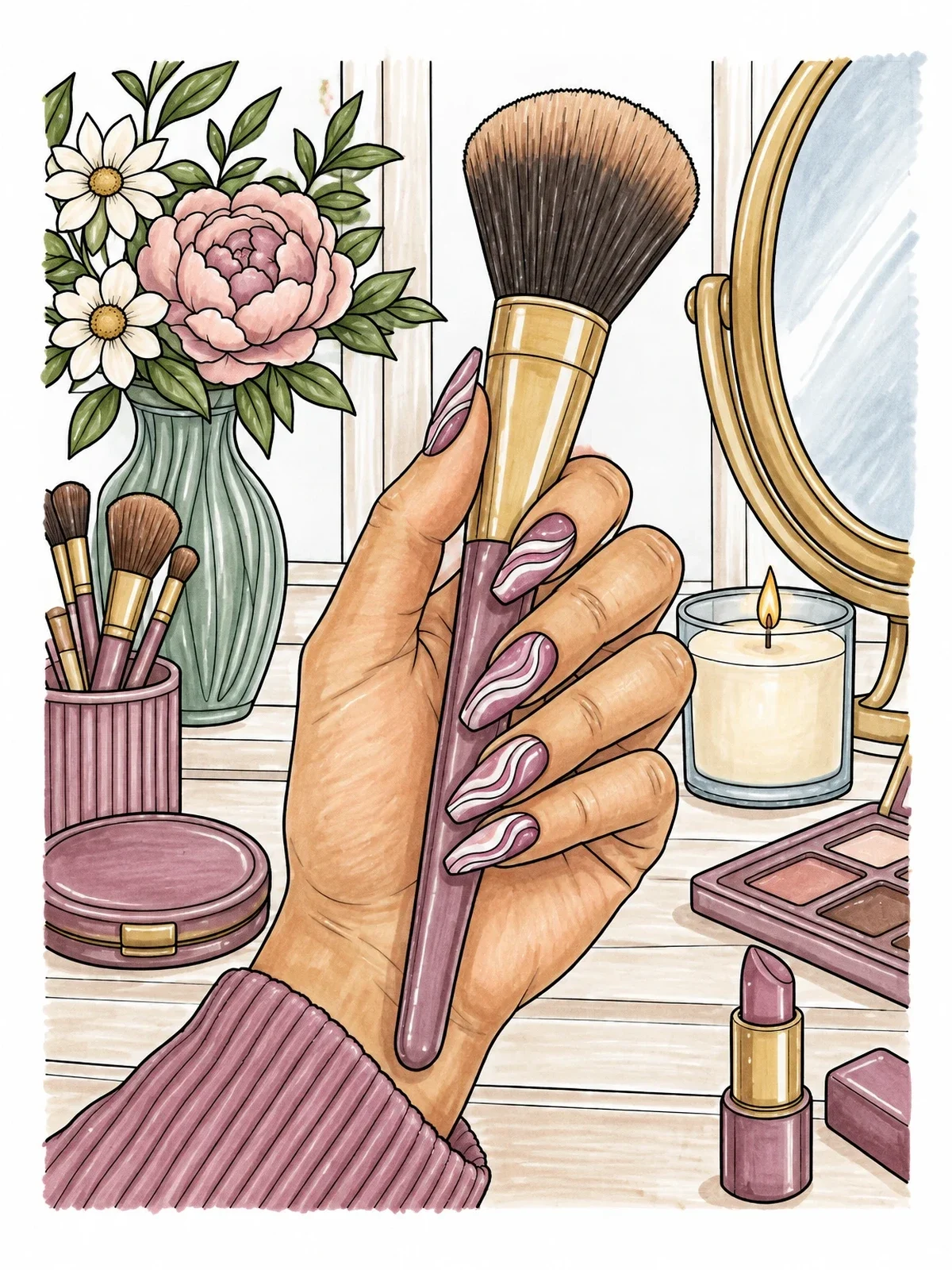 Colored example of the Manicured Hand Holding Makeup Brush coloring page
