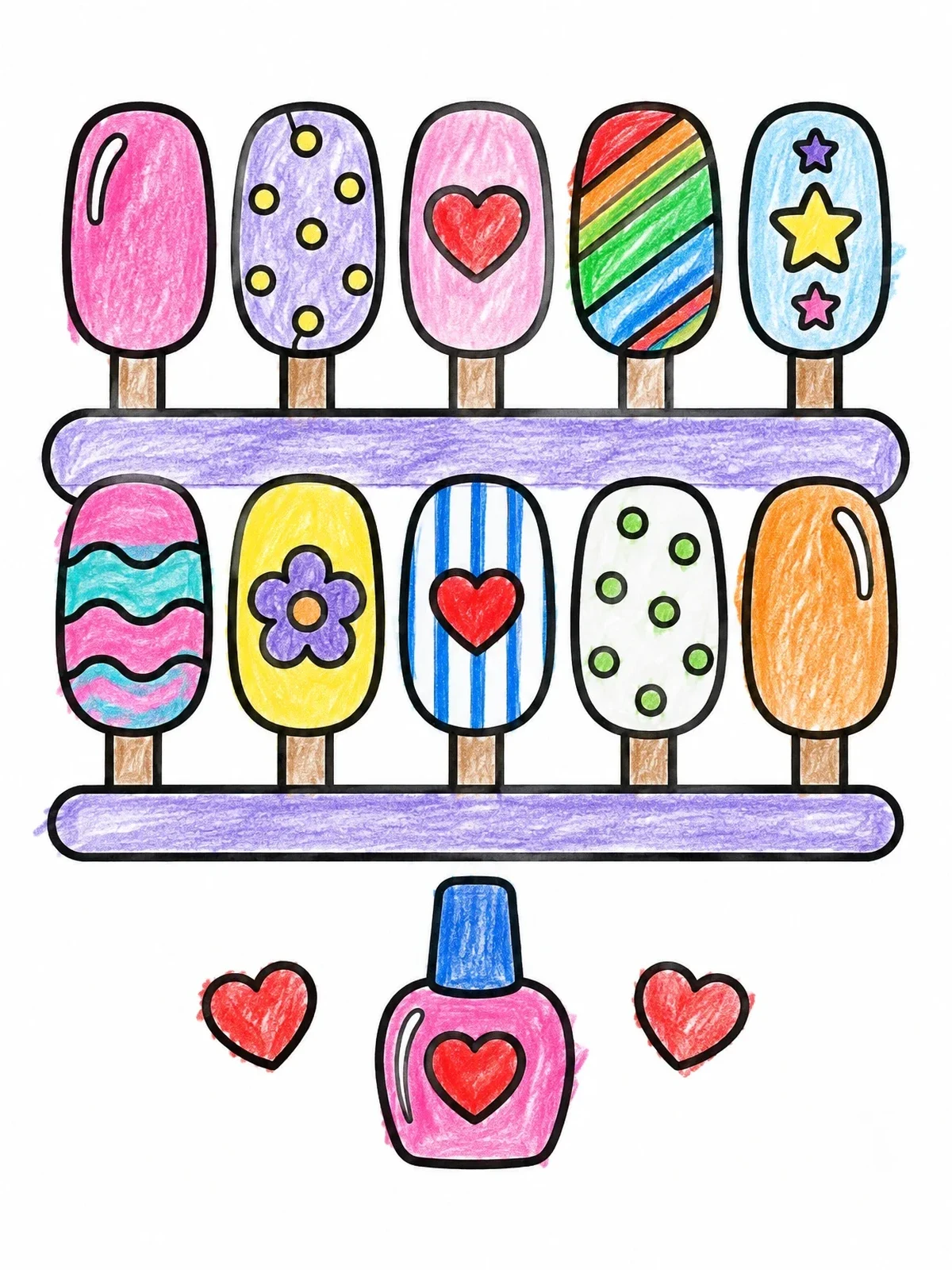 Colored example of the Nail Art Swatch Display coloring page
