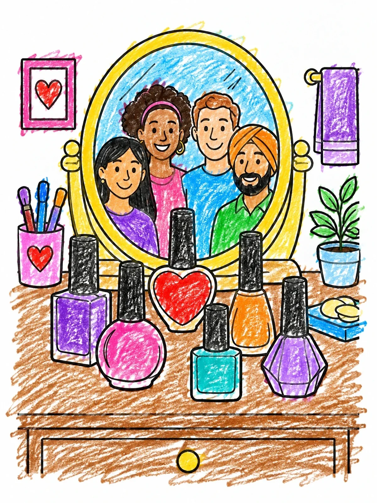 Colored example of the Nail Polish Bottles Vanity Mirror coloring page