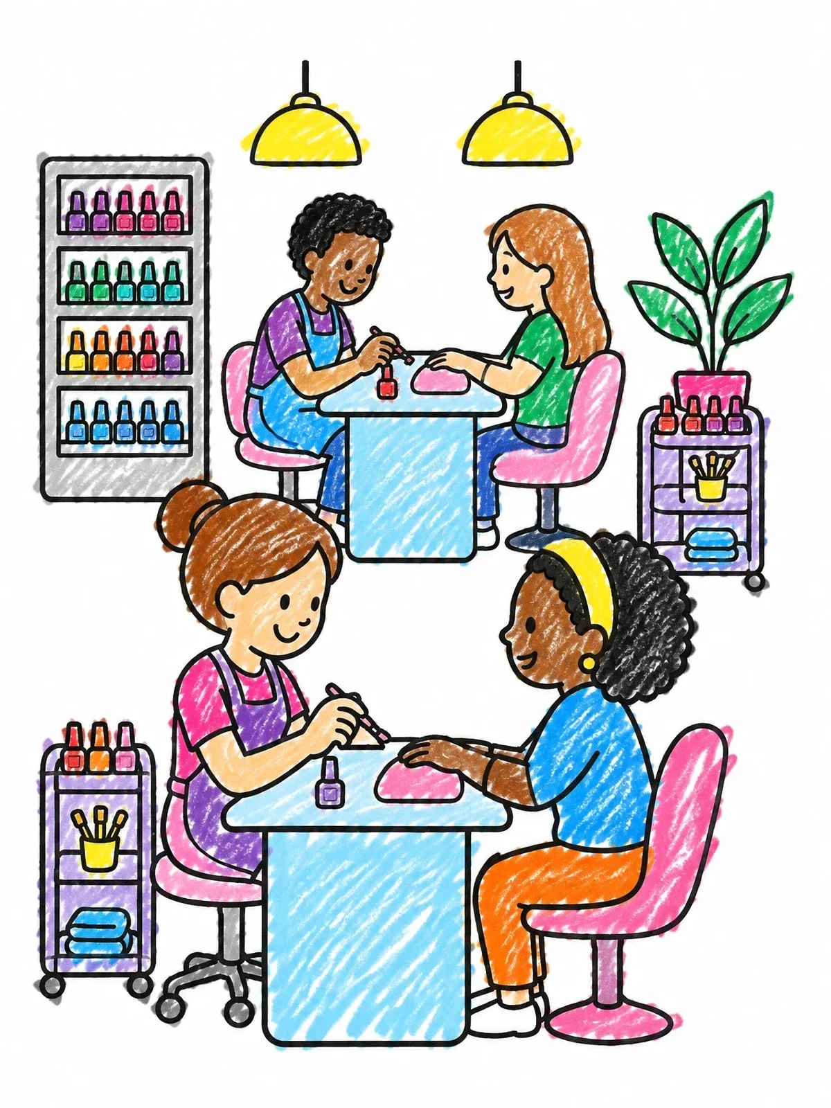 Colored example of the Busy Nail Salon Manicure Scene coloring page