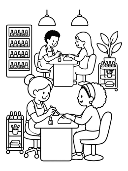 Free printable Busy Nail Salon Manicure Scene coloring page
