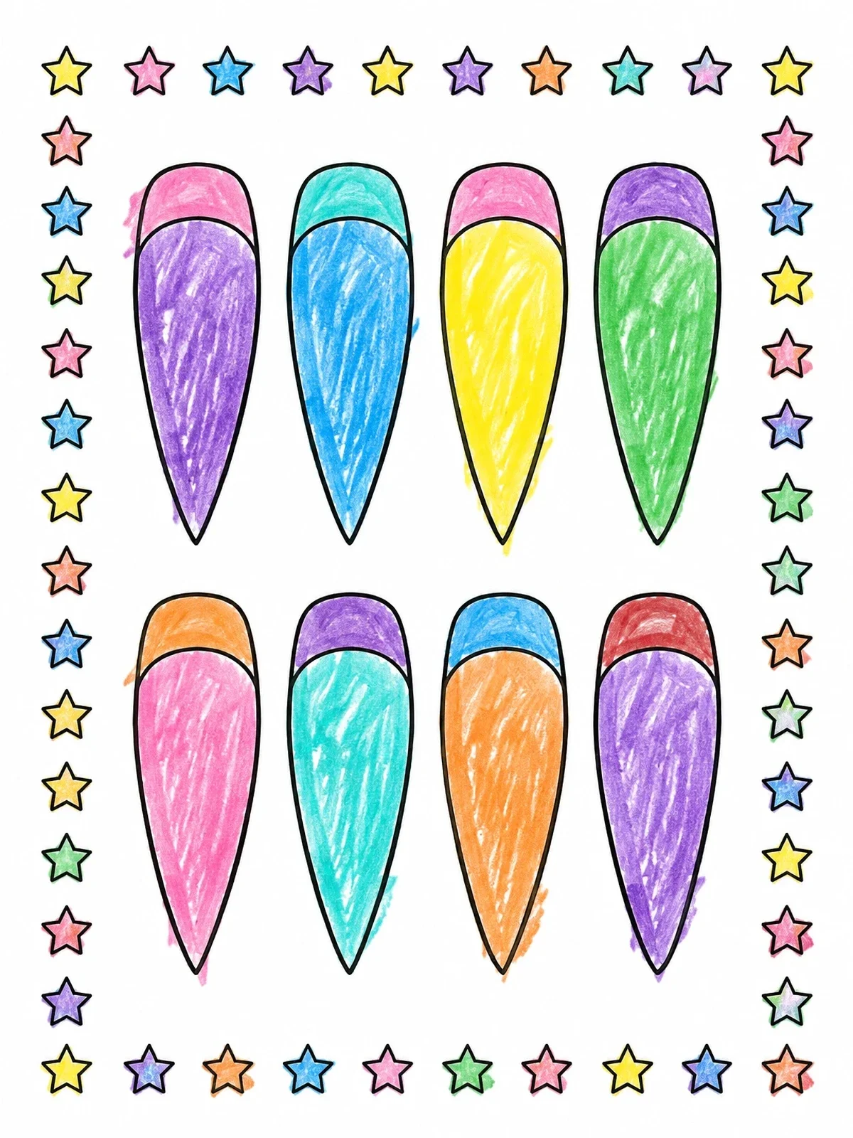 Colored example of the Stiletto Nail Art Design Sampler coloring page