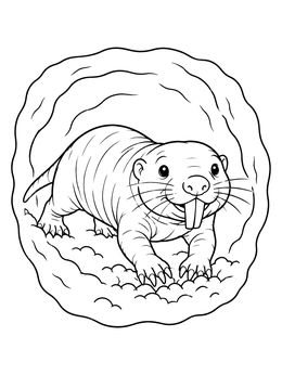 A cheerful naked mole rat coloring page showing the creature smiling inside an underground burrow.