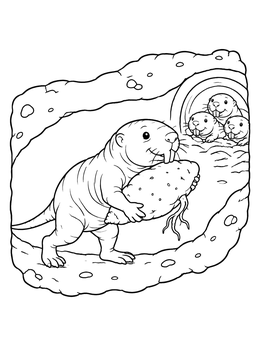 A friendly naked mole rat coloring page showing it carrying a root through a tunnel to its friends.