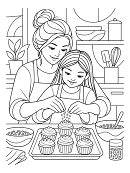 A smiling caregiver and girl decorate cupcakes in this sweet nanny coloring page.