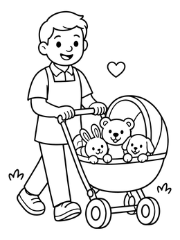 Free printable Friendly Caregiver Pushing Stroller With Toys coloring page