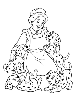 A smiling nanny coloring page featuring an older woman in an apron playing with spotted puppies.